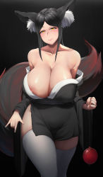 Rule 34 | 1girl, absurdres, animal ear fluff, animal ears, areola slip, bad id, bad pixiv id, bare shoulders, black background, black hair, black kimono, breasts, cleavage, collarbone, commentary request, curvy, dantes ward, fox ears, fox girl, fox tail, highres, huge breasts, japanese clothes, kimono, large areolae, long hair, looking at viewer, mole, mole on breast, mole under mouth, off shoulder, original, short kimono, smile, solo, standing, tail, thighhighs, veins, veiny breasts, white thighhighs, wide hips, wide sleeves, yellow eyes