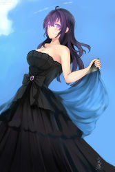 Rule 34 | 1girl, absurdres, ahoge, arm at side, artist name, bad id, bad pixiv id, bare arms, bare shoulders, beifeng han, black bow, black dress, black hair, blush, bow, breasts, brooch, cleavage, closed mouth, cloud, dress, dutch angle, female focus, formal, gem, glowing, glowing eyes, hair between eyes, hand up, highres, holding, holding veil, jewelry, large breasts, long dress, long hair, looking at viewer, miyaura sanshio, neck, original, purple eyes, signature, single bare arm, sky, smile, solo, standing, strapless, strapless dress, veil