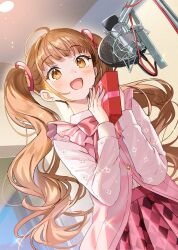 Rule 34 | 1girl, :d, brown eyes, brown hair, buttons, diamond (shape), gift, hair tie, highres, holding, holding gift, long sleeves, microphone, open mouth, original, pop filter, skirt, smile, solo, studio microphone, tan (tangent), twintails