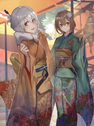 Rule 34 | 2girls, :d, blue flower, brown eyes, brown hair, brown kimono, closed mouth, commentary request, day, fixro2n, floral print, flower, green kimono, grey hair, hair between eyes, hair flower, hair ornament, hands up, highres, japanese clothes, kimono, long sleeves, looking at viewer, multiple girls, obi, open mouth, original, pinching sleeves, print kimono, sash, smile, teeth, upper teeth only, wide sleeves