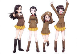 Rule 34 | 10s, 4girls, :d, absurdres, arms behind back, arms up, black hair, blush, boots, braid, brown eyes, brown footwear, brown hair, brown hat, brown jacket, chi-hatan military uniform, floating hair, fukuda haru, full body, girls und panzer, glasses, hair over shoulder, hair ribbon, hand on own hip, hat, highres, jacket, knee boots, leg up, looking at viewer, miniskirt, multiple girls, nishi kinuyo, official art, open mouth, pleated skirt, ribbon, short hair, simple background, single braid, skirt, smile, standing, standing on one leg, star (symbol), star print, tamada tamaki, twin braids, white background, white ribbon, yellow eyes, yellow skirt, yoshida nobuyoshi