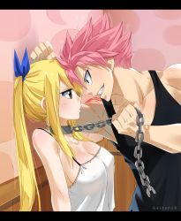 Rule 34 | 1boy, 1girl, absurdres, arm up, artist name, bdsm, black shirt, blonde hair, blue ribbon, blush, breasts, brown eyes, chain, chain leash, cleavage, clenched hand, clenched teeth, closed mouth, collar, covered erect nipples, derivative work, eye contact, fairy tail, from side, gaston18, grin, hair ribbon, highres, kabedon, leash, letterboxed, lips, long hair, looking at another, lucy heartfilia, mashima hiro, natsu dragneel, no bra, parted lips, pink hair, pout, profile, pulling, ribbon, shirt, sideboob, slave, sleeveless, smile, smirk, spiked hair, sweat, sweatdrop, tank top, teeth, twintails, upper body, white shirt