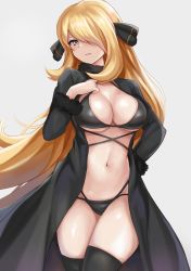 Rule 34 | 1girl, bikini, black bikini, black collar, black thighhighs, blonde hair, breasts, cleavage, collar, commentary, creatures (company), cynthia (pokemon), eyelashes, fur collar, game freak, grey background, hair ornament, hair over one eye, hand up, large breasts, long hair, md5 mismatch, navel, nintendo, parted lips, pokemon, pokemon dppt, r-binon, resolution mismatch, shiny skin, signature, simple background, solo, source smaller, swimsuit, thighhighs, very long hair, yellow eyes