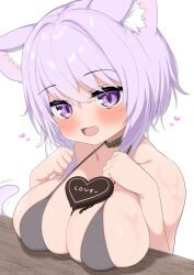 Rule 34 | 1girl, ahoge, animal ear fluff, animal ears, blush, breasts, candy, cat ears, cat girl, cat tail, chocolate, chocolate heart, chocolate on body, chocolate on breasts, collar, english text, fang, food, food between breasts, food on body, hair between eyes, heart, highres, hololive, large breasts, looking at viewer, melting, nekomata okayu, open mouth, purple eyes, purple hair, ransusan, short hair, smile, solo, tail, valentine, virtual youtuber
