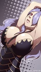 Rule 34 | 1girl, armpits, arms up, between breasts, breasts, camilla (fire emblem), choker, cleavage, female focus, fire emblem, fire emblem fates, hair over one eye, highres, large breasts, light purple hair, long hair, nintendo, parted lips, purple eyes, solo, strap, thick lips, tirnanogin industries, upper body