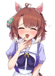 Rule 34 | 1girl, absurdres, animal ears, blush, bow, brown hair, cherry stem knot, closed mouth, colored tips, commentary request, dantsu flame (umamusume), ear covers, ear ornament, facing viewer, gryebooks, hair between eyes, highres, horse ears, horse girl, horse tail, multicolored hair, open mouth, puffy short sleeves, puffy sleeves, purple bow, purple shirt, school uniform, shirt, short sleeves, simple background, skirt, smile, solo, streaked hair, tail, umamusume, upper body, white background, white hair, white skirt