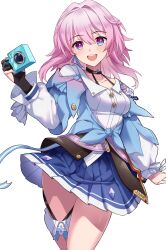 Rule 34 | 1girl, :d, absurdres, archery shooting glove, blue eyes, blue jacket, blue skirt, camera, commentary request, cowboy shot, derori, gloves, gradient eyes, hair intakes, hand up, highres, holding, holding camera, honkai: star rail, honkai (series), jacket, long hair, long sleeves, looking at viewer, march 7th (honkai: star rail), multicolored eyes, open mouth, partially fingerless gloves, pink hair, pleated skirt, purple eyes, shirt, simple background, single glove, skirt, smile, teeth, tied jacket, upper teeth only, white background, white shirt