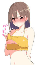 Rule 34 | 1girl, arm behind back, bare shoulders, bikini, blush, breasts, brown eyes, brown hair, closed mouth, collarbone, ear blush, frills, hair between eyes, lifted by self, long hair, navel, one breast out, original, simple background, solo, swimsuit, terazip, white background, yellow bikini