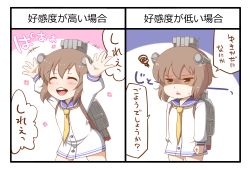 Rule 34 | +++, 10s, 1girl, :d, ^ ^, arms up, brown eyes, brown hair, dress, closed eyes, hair between eyes, kantai collection, long sleeves, open mouth, rinmei, sailor collar, sailor dress, short hair, smile, solo, squiggle, translation request, yukikaze (kancolle)