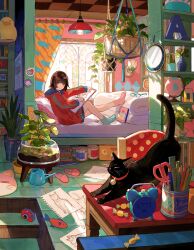 Rule 34 | 1girl, alarm clock, asymmetrical legwear, basket, black cat, book, brown hair, c:, candy, cat, clock, curtains, day, food, fuzichoco, hanging light, hanging plant, highres, holding, holding pencil, hood, hood down, hoodie, indoors, light bulb, long sleeves, looking at viewer, mismatched legwear, mismatched socks, original, paper, pencil, pillow, plant, potted plant, red eyes, red hoodie, scissors, short hair, sitting, smile, table, watering can, window