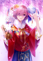 Rule 34 | 1girl, :d, alternate costume, amicis (amisic), bag, blue hakama, bow, breasts, closed eyes, commentary request, cowboy shot, creature, eyes visible through hair, facing viewer, fate/grand order, fate (series), floral print, flower, fou (fate), fur collar, gradient background, hair flower, hair ornament, hair over one eye, hakama, hand up, head tilt, highres, holding, holding bag, holding mask, japanese clothes, kimono, long sleeves, looking at viewer, mash kyrielight, mask, unworn mask, medium breasts, nail polish, open mouth, orange bow, petals, pink flower, pink nails, print kimono, purple eyes, red kimono, short hair, smile, white background, wide sleeves, yellow flower