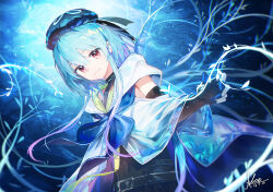 Rule 34 | 1boy, arknights, belt, beret, black belt, black gloves, black shirt, blue hair, blue hoodie, blue neckerchief, clothing cutout, commentary request, elbow gloves, gloves, gradient hair, hat, hood, hoodie, infection monitor (arknights), koe (mixpi), light blue hair, looking at viewer, male focus, mizuki (arknights), multicolored hair, neckerchief, pink eyes, purple hair, shirt, shoulder cutout, signature, smile, solo, two-tone hoodie, underwater, upper body, water, white hoodie