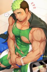 Rule 34 | 1boy, abs, bara, bare arms, bare pectorals, black hair, blush, bodysuit, bulge, covered abs, covered erect nipples, covered navel, covering privates, covering crotch, dark-skinned male, dark skin, embarrassed, facial hair, gakuran, goatee, gozu farm, green eyes, green hair, ikusaba daisuke, jacket, jacket on shoulders, large pectorals, male focus, male pubic hair, mature male, multicolored hair, muscular, muscular male, navel, navel hair, nipples, pectoral cleavage, pectorals, pov, pubic hair, school uniform, short hair, sidepec, solo, stomach, taking picture, taurus mask, thighs, tokyo houkago summoners, torn bodysuit, torn clothes, two-tone hair, wrestling outfit