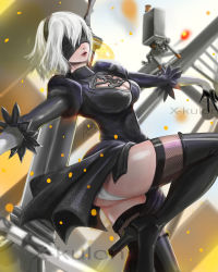 Rule 34 | 1girl, ass, black blindfold, black dress, black footwear, black hairband, blindfold, boots, breasts, cleavage cutout, clothing cutout, covered eyes, dress, feather-trimmed sleeves, hairband, high heel boots, high heels, juliet sleeves, leotard, long sleeves, medium breasts, nier (series), nier:automata, parted lips, pod (nier:automata), puffy sleeves, short hair, silver hair, sword, thighhighs, thighhighs under boots, vambraces, weapon, weapon on back, white leotard, x-kulon, 2b (nier:automata)