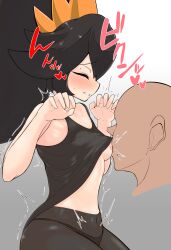 Rule 34 | 1girl, 1other, absurdres, ashley (warioware), black hair, black panties, black tank top, blush, breast sucking, breasts, closed eyes, clothes lift, collarbone, disembodied head, faceless, from side, gradient background, hairband, heart, highres, lifting another&#039;s clothes, long hair, navel, nintendo, nipples, no bra, one breast out, orange hairband, panties, panties under pantyhose, pantyhose, parted lips, profile, rnt (251139), saliva, see-through, see-through legwear, shirt lift, sidelocks, sitting, small breasts, stomach, sweat, tank top, tearing up, trembling, twintails, underwear, warioware