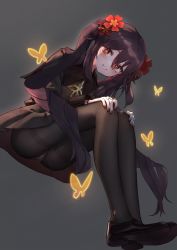 Rule 34 | 1girl, absurdres, artist request, ass, black pantyhose, blush, brown hair, bug, butterfly, cameltoe, flower, from below, genshin impact, grey background, grin, hair flower, hair ornament, highres, hu tao (genshin impact), insect, long hair, looking back, miniskirt, panties, panties under pantyhose, pantyhose, red eyes, school uniform, shiny clothes, simple background, skirt, smile, solo, symbol-shaped pupils, twintails, underwear, upskirt, very long hair