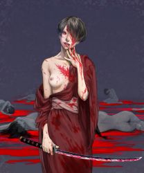 Rule 34 | 1girl, 6+girls, albaro, black hair, blood, blood on clothes, blood on face, blood on hands, bloody weapon, breasts, corpse, cowboy shot, grey background, hair over one eye, hand to own mouth, highres, holding, holding sword, holding weapon, japanese clothes, katana, lipstick, makeup, medium breasts, multiple girls, nipples, no bra, nude, off shoulder, one breast out, original, red lips, robe, saliva, sash, short hair, solo focus, standing, sword, tongue, tongue out, very short hair, weapon, wide sleeves