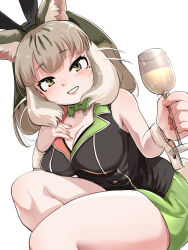 Rule 34 | 1girl, absurdres, alcohol, animal ears, bare shoulders, bow, bowtie, bunny garden, cat ears, cat girl, cup, drinking glass, extra ears, green eyes, grey hair, highres, jacket, jungle cat (kemono friends), kemono friends, kemono friends v project, long hair, looking at viewer, mcgunngu, parody, rabbit ears, simple background, skirt, sleeveless, solo, tail, virtual youtuber, wrist cuffs