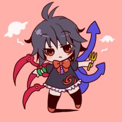 Rule 34 | 1girl, :&lt;, ahoge, asymmetrical wings, black dress, black hair, black thighhighs, blush, chibi, commentary, dress, fork, frilled dress, frills, holding, holding fork, houjuu nue, jitome, looking at viewer, lowres, outstretched arms, pink background, red eyes, red footwear, short hair, simple background, snake, solo, standing, standing on one leg, thighhighs, toto (hitori othello), touhou, ufo, wings