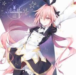 Rule 34 | 1boy, animal ears, arm at side, arm up, armor, armored dress, astolfo (fate), astolfo (saber) (fate), astolfo (saber) (third ascension) (fate), bad id, bad pixiv id, black bow, black gloves, black ribbon, black thighhighs, bow, bowtie, character name, copyright name, dress, fate/grand order, fate (series), gloves, hair bow, hair intakes, hair ornament, hair ribbon, happy, kamari (kama ri), long hair, long sleeves, looking at viewer, low twintails, male focus, multicolored hair, one eye closed, open mouth, pink hair, purple eyes, rabbit ears, rabbit hair ornament, ribbon, smile, solo, streaked hair, thighhighs, tongue, tongue out, trap, twintails