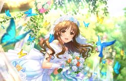 Rule 34 | 1girl, :d, bird, blurry, blurry background, blush, bokeh, bouquet, bridal gauntlets, bridal veil, bride, bug, butterfly, depth of field, dress, earrings, floating hair, flower, gloves, hair flower, hair ornament, holding, holding bouquet, idolmaster, idolmaster cinderella girls, idolmaster cinderella girls starlight stage, insect, jewelry, light rays, looking at viewer, necklace, off-shoulder dress, off shoulder, official art, open mouth, outdoors, pearl necklace, rose, smile, solo, sunlight, takamori aiko, veil, wavy hair, wedding dress, white dress, white gloves