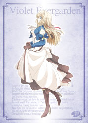 Rule 34 | 1girl, blonde hair, blue eyes, blue jacket, boots, brown footwear, brown gloves, card (medium), character name, closed mouth, copyright name, dress, floating hair, full body, gloves, hair between eyes, hair down, hair ribbon, jacket, knee boots, layered dress, long dress, long hair, long sleeves, open clothes, open jacket, profile, red ribbon, ribbon, shizuki michiru, skirt hold, solo, standing, standing on one leg, violet evergarden, violet evergarden (series), white dress