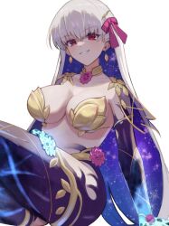 Rule 34 | 1girl, armlet, armor, bikini armor, blue hair, blue skin, blush, bomberca309, breasts, circlet, cleavage, collar, colored inner hair, colored skin, earrings, fate/grand order, fate (series), flower, glowing hands, gradient skin, grin, hair ribbon, highres, jewelry, kama (fate), kama (third ascension) (fate), large breasts, long hair, looking at viewer, lotus, metal collar, multicolored hair, red eyes, ribbon, smile, solo, thighlet, thighs, two-tone hair, white hair