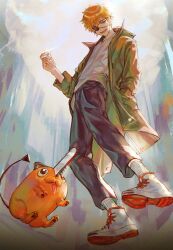 Rule 34 | 1boy, 1other, absurdres, blonde hair, chainsaw, chainsaw man, coat, coin, denji (chainsaw man), eyepatch, from below, green coat, hand in pocket, highres, holding, holding coin, pet, pochita (chainsaw man), rette, shirt, short hair, smile, socks, tongue, tongue out, white shirt, white socks, yellow eyes