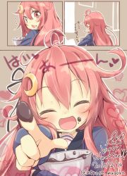 Rule 34 | 10s, 1girl, 2015, :d, ^ ^, bad id, bad pixiv id, blush, chocolate, closed eyes, crescent, crescent hair ornament, dated, closed eyes, hair ornament, happy valentine, hirose madoka, incoming food, kantai collection, long hair, open mouth, pink eyes, pink hair, smile, solo, twitter username, uzuki (kancolle), valentine