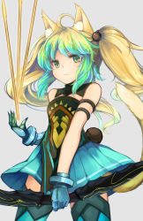 Rule 34 | 1girl, ahoge, animal ears, arrow (projectile), atalanta (fate), bare shoulders, blonde hair, bow (weapon), cat ears, cat tail, closed mouth, cowboy shot, dress, fate/apocrypha, fate (series), gloves, green dress, green eyes, green gloves, green hair, green thighhighs, hair bobbles, hair ornament, holding, holding bow (weapon), holding weapon, long hair, looking at viewer, multicolored hair, otogi kyouka, solo, tail, thighhighs, twintails, two-tone hair, weapon