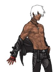 Rule 34 | 1boy, abs, dark skin, k&#039; (kof), lowres, male focus, muscular, topless male, snk, solo, the king of fighters, white hair, yorozu