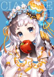 Rule 34 | 1girl, animal ears, apple, artist name, bell, black gloves, black hair, blue background, blue eyes, blunt bangs, blush, breasts, cat ears, covered mouth, crown, detached sleeves, eyebrows, food, fruit, gloves, hair bell, hair ornament, hair ribbon, hairband, half gloves, head tilt, holding, holding food, holding fruit, lace, lace-trimmed gloves, lace trim, lolita hairband, long hair, medium breasts, mika pikazo, mini crown, multicolored hair, original, ribbon, solo, strap slip, two-tone hair, upper body, white hair, wristband