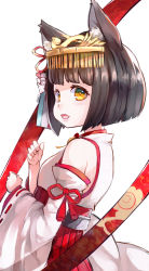 Rule 34 | 1girl, animal ears, azur lane, black hair, brown eyes, detached sleeves, fang, fox ears, from side, hair ornament, highres, japanese clothes, looking back, miko, mutsu (azur lane), no tail, nyucha, open mouth, red skirt, shirt, short hair, skirt, smile, solo, upper body, white shirt