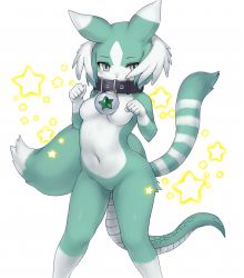 Rule 34 | 10s, 1girl, animal ears, collar, feathers, fur trim, furry, furry female, green eyes, kemono friends, kumama, navel, pure beast (kemono friends), simple background, snake tail, solo, star (symbol), tail, white background
