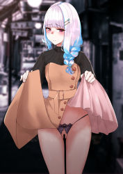 Rule 34 | 1girl, absurdres, bar censor, belt, black panties, blue hair, blush, braid, braided ponytail, brown dress, censored, clothes lift, crotchless, crotchless panties, dress, groin, hair ornament, hairclip, highres, kinji enu, lifted by self, lize helesta, long hair, multicolored hair, nijisanji, panties, photo background, pink eyes, ponytail, pussy, skirt, skirt lift, solo, textless version, turtleneck, turtleneck dress, underwear, virtual youtuber, white hair