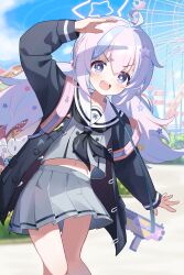 1girl :d absurdres backpack bag black_jacket black_neckerchief blue_archive blue_hair blue_sky cloud commentary_request day exusiai_dust grey_shirt grey_skirt hair_ornament halo highres jacket long_sleeves looking_at_viewer low_twintails midriff multicolored_hair navel neckerchief open_mouth outdoors pink_hair pink_halo pleated_skirt purple_eyes reisa_(blue_archive) revision sailor_collar school_uniform serafuku shirt skirt sky smile solo standing star_(symbol) star_hair_ornament star_halo thighs twintails two-tone_hair white_sailor_collar