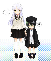 Rule 34 | ..., 10s, angel beats!, asami (highway), bad id, bad pixiv id, blazer, green hair, holding hands, highres, jacket, naoi ayato, oversized clothes, school uniform, silver hair, tenshi (angel beats!), time paradox, yellow eyes, aged down