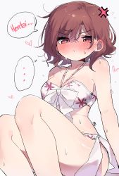 Rule 34 | ..., 1girl, absurdres, anger vein, angry, arm support, armpit crease, bikini, blush, breasts, cleavage, collarbone, embarrassed, feet out of frame, flying sweatdrops, frown, full-face blush, halterneck, heart, heart print, highres, higuchi madoka, idolmaster, idolmaster shiny colors, knees up, looking at viewer, medium breasts, mg pong, midriff, mole, mole under eye, print bikini, red eyes, red hair, short hair, simple background, sitting, solo, speech bubble, sweatdrop, swimsuit, thighs, white background