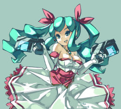 Rule 34 | 1girl, 2013, alternate eye color, alternate hair color, aq interactive, aqua eyes, aqua hair, arcana heart, arcana heart 2, atlus, bare shoulders, breasts, dated, dress, drill hair, dual wielding, earrings, elbow gloves, examu, gloves, gun, hair ribbon, handgun, holding, jewelry, junkpuyo, large breasts, long hair, necklace, petra johanna lagerkvist, ribbon, simple background, solo, strapless, strapless dress, twin drills, weapon