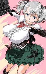 Rule 34 | 10s, 1girl, breasts, ciel alencon, corset, covered erect nipples, female focus, fingerless gloves, gloves, god eater, hair ribbon, huge breasts, jpeg artifacts, large breasts, ribbon, shinama, short hair, silver hair, skirt, solo, twintails
