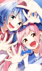 Rule 34 | 2girls, blue bow, blue dress, blue hair, bow, dress, green eyes, hair bow, highres, long hair, multiple girls, omega ray, omega rio, omega sisters, open mouth, pink hair, puffy short sleeves, puffy sleeves, sakuragi ren, short hair, short sleeves, smile, twintails, virtual youtuber, yellow eyes
