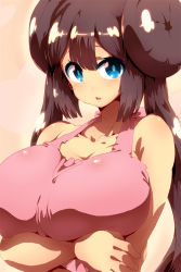 Rule 34 | 10s, 1girl, alternate breast size, bare shoulders, blue eyes, breasts, brown hair, creatures (company), game freak, hair bun, huge breasts, long hair, looking at viewer, nintendo, parted lips, pokemon, pokemon bw2, rosa (pokemon), solo, tokyo (great akuta)