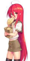 Rule 34 | 1girl, :o, ahoge, bag, black thighhighs, bread, commentary request, food, hair between eyes, highres, jewelry, long hair, looking at viewer, melon bread, ohlia, open mouth, paper bag, pendant, puffy short sleeves, puffy sleeves, red eyes, red hair, school uniform, serafuku, shakugan no shana, shana, short sleeves, simple background, skirt, solo, thighhighs, very long hair, white background