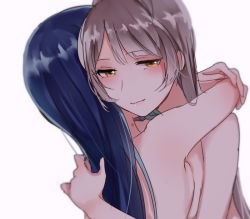 Rule 34 | 10s, 2girls, :d, artist request, blue eyes, blue hair, blush, breast press, breasts, brown eyes, brown hair, face, grey hair, hair between eyes, hickey, hug, light smile, long hair, looking at viewer, love live!, love live! school idol project, minami kotori, multiple girls, mutual hug, nude, open mouth, sideboob, simple background, smile, sonoda umi, white background, yellow eyes, yuri