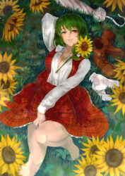 Rule 34 | 1girl, ascot, barefoot, blush, boots, flower, green hair, highres, kazami yuuka, lying, nathaniel pennel, open clothes, open mouth, open shirt, pennel, plaid, plaid skirt, plaid vest, red eyes, shirt, shoes, unworn shoes, short hair, skirt, smile, unworn socks, solo, sunflower, touhou, umbrella, vest