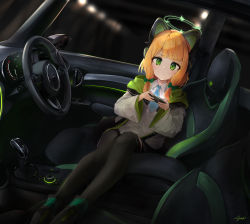 Rule 34 | 1girl, absurdres, animal ear headphones, animal ears, black footwear, black jacket, black thighhighs, blonde hair, blouse, blue archive, blue necktie, bow, car, car interior, car seat, cat ear headphones, closed mouth, collared shirt, fake animal ears, feet out of frame, gear shift, glowing, green bow, green eyes, green jacket, hair bow, halo, headphones, highres, holding, holding phone, hood, hooded jacket, indoors, jacket, light blush, long sleeves, looking at viewer, medium hair, midori (blue archive), mini cooper, motor vehicle, multicolored clothes, multicolored jacket, necktie, nougat (73r1r1), open clothes, open jacket, phone, right-hand drive, seat, shirt, short necktie, signature, solo, steering wheel, thighhighs, white jacket, white shirt, wide sleeves, window