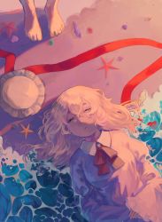 Rule 34 | 1girl, barefoot, beach, blonde hair, collar, collared dress, commentary request, dress, closed eyes, foaming waves, hair between eyes, hat, highres, long sleeves, lying, maribel hearn, medium hair, mob cap, mushiao, neck ribbon, on back, out of frame, purple dress, red ribbon, ribbon, seashell, shell, sleeping, starfish, touhou, upper body, water, white collar, white headwear
