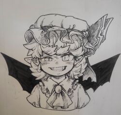 Rule 34 | 1girl, ascot, bat wings, commentary, ezier, greyscale, hat, hat ribbon, highres, mob cap, monochrome, pointy ears, remilia scarlet, ribbon, short hair, solo, touhou, upper body, wings
