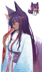 Rule 34 | absurdres, animal ears, blue eyes, closed eyes, closed mouth, fox ears, fox girl, fox tail, hair ornament, hand fan, heart, highres, holding, holding fan, japanese clothes, kimono, long hair, looking at viewer, original, purple hair, ribbon, smile, so shio, tail, virtual youtuber, white background
