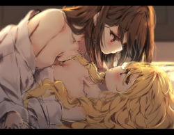 Rule 34 | 2girls, bare shoulders, blush, breast press, breasts, brown eyes, brown hair, collarbone, commentary request, eye contact, girl on top, hakurei reimu, kirisame marisa, letterboxed, long hair, looking at another, lying, multiple girls, no headwear, no headwear, off shoulder, on stomach, piyokichi, profile, robe, small breasts, symmetrical docking, touhou, wavy hair, white robe, yuri